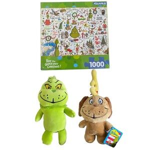 Dr Seuss Grinch & Max Plush Lot w/ 1000 Pc Puzzle How The Grinch Stole Christmas